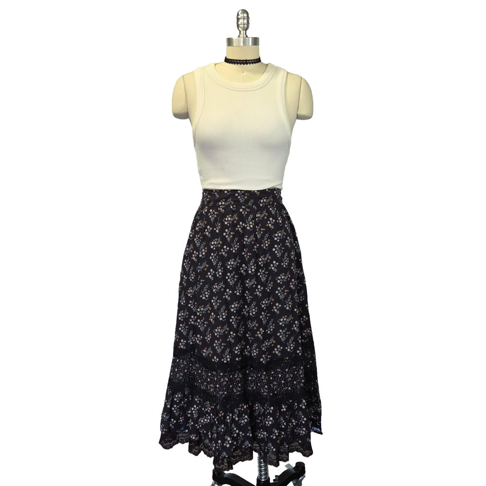 Gunne Sax Jessicas Gunnies Black Floral Print Midi Skirt Size S 9 Prairie